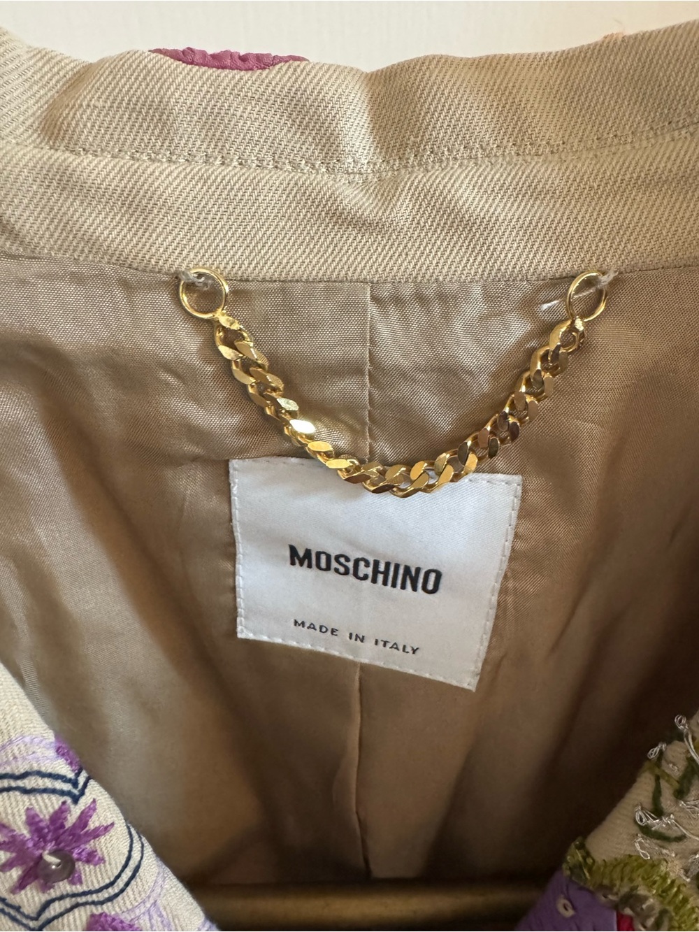Vintage Moschino Multi Color Embroidered on a Beige Background - Picture 10 of 13